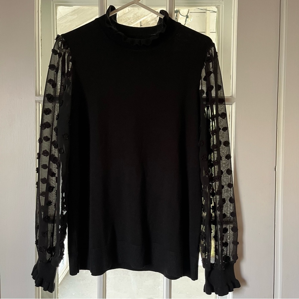 ADRIANNA PAPELL Chic Black Knit Top with Sheer Sleeves